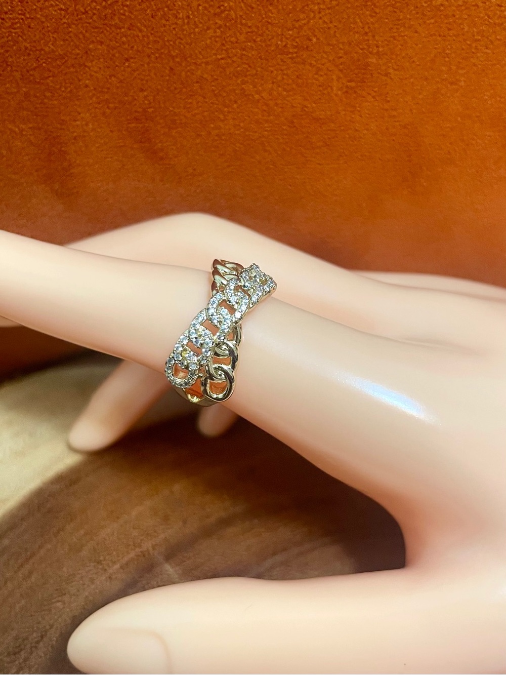 Gold Plated Cuban Link Half Iced CZ Crossover Ring Designer Inspired NWOT